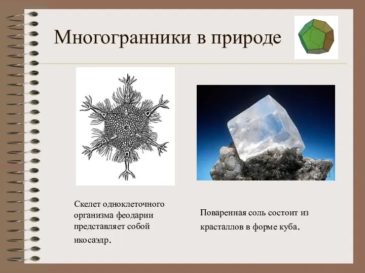 Многогранники в природе Поваренная соль состоит из красталлов в форме куба.