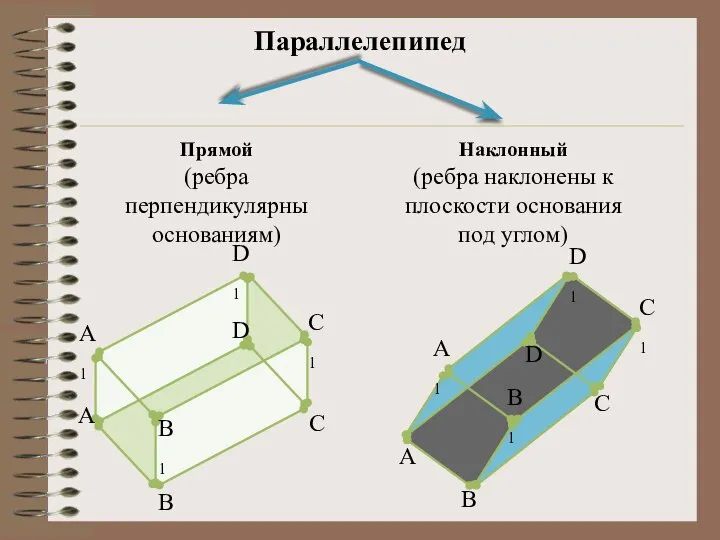 C1 C1 Параллелепипед Наклонный (ребра наклонены к плоскости основания под углом) Прямой (ребра перпендикулярны основаниям)