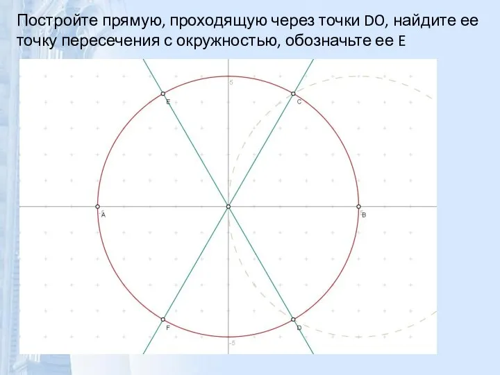 Постройте прямую, проходящую через точки DO, найдите ее точку пересечения с окружностью, обозначьте ее E