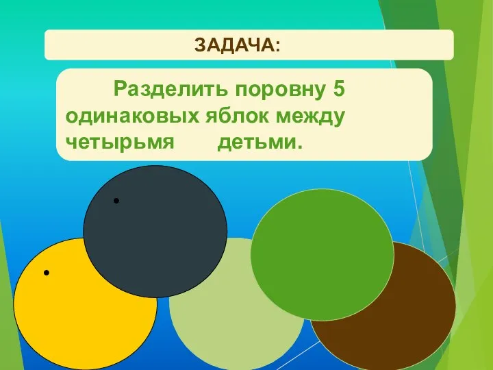 ЗАДАЧА: Разделить поровну 5 одинаковых яблок между четырьмя детьми. 2