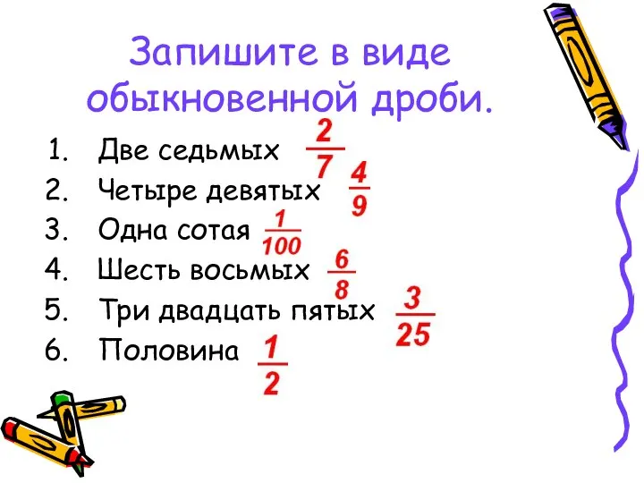 Запишите в виде обыкновенной дроби. Две седьмых Четыре девятых Одна сотая