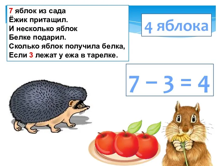 7 яблок из сада Ёжик притащил. И несколько яблок Белке подарил.