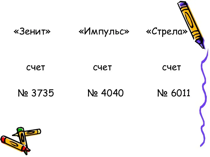 «Зенит» «Импульс» «Стрела» счет счет счет № 3735 № 4040 № 6011