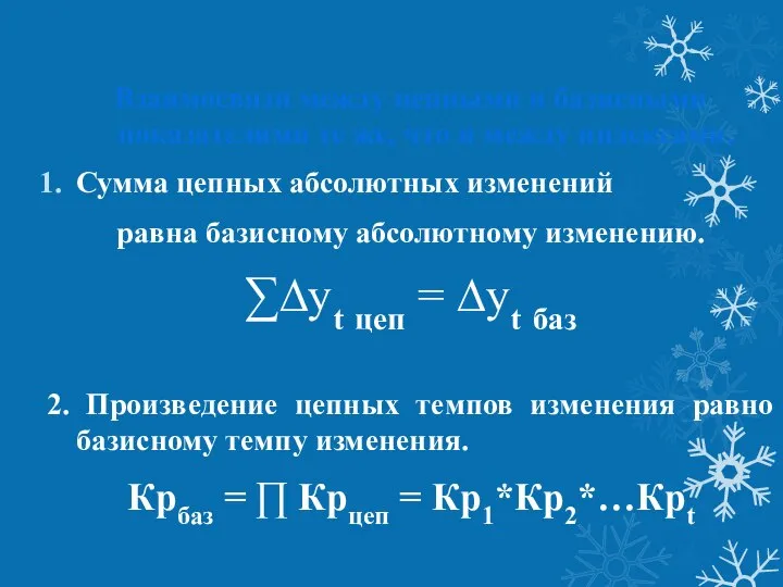 Взаимосвязи между цепными и базисными показателями те же, что и между