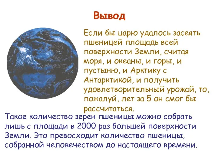 Вывод Если бы царю удалось засеять пшеницей площадь всей поверхности Земли,