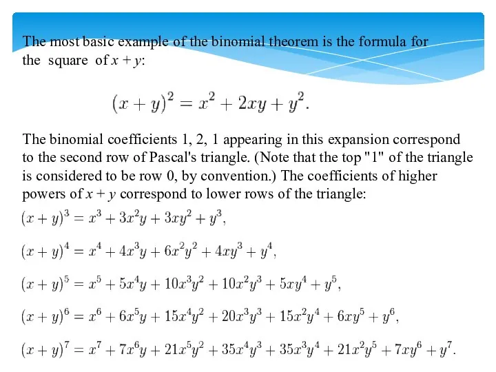 The most basic example of the binomial theorem is the formula