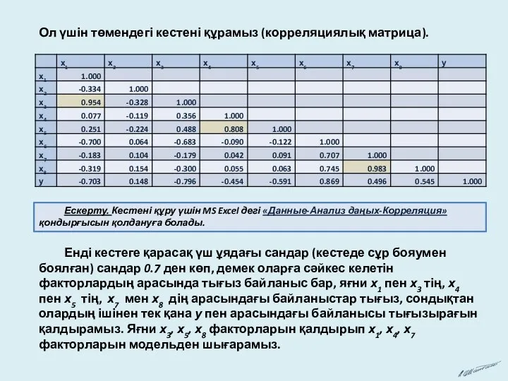 Ол үшін төмендегі кестені құрамыз (корреляциялық матрица). Ескерту. Кестені құру үшін