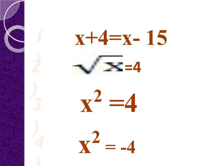 х+4=х- 15 х2 =4 х2 = -4 1) 2) 3) 4)