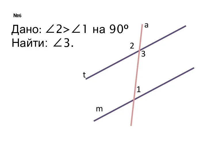 №6 t a m 2 3 1 Дано: ∠2>∠1 на 90º Найти: ∠3.