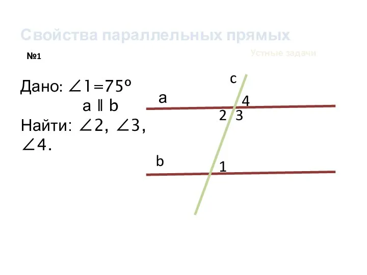 Свойства параллельных прямых Устные задачи №1 а b c 4 2