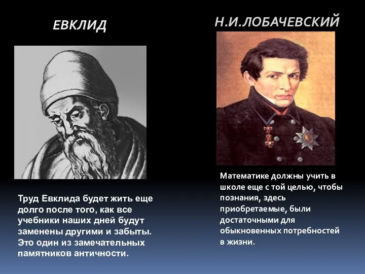 ЕВКЛИД Н.И.ЛОБАЧЕВСКИЙ Математике должны учить в школе еще с той целью,