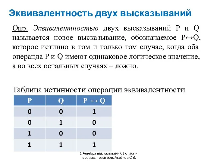 Эквивалентность двух высказываний 1.Алгебра высказываний. Логика и теория алгоритмов, Аксёнов С.В.