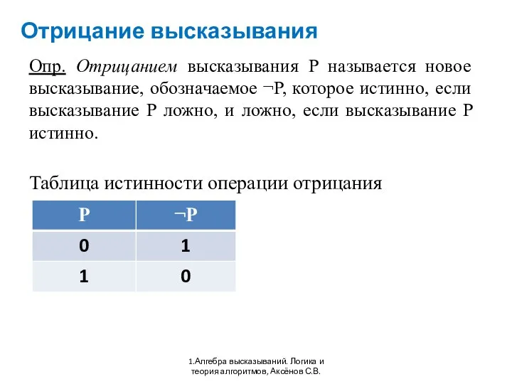 Отрицание высказывания 1.Алгебра высказываний. Логика и теория алгоритмов, Аксёнов С.В. Опр.