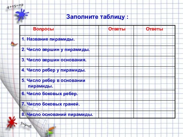 Заполните таблицу :