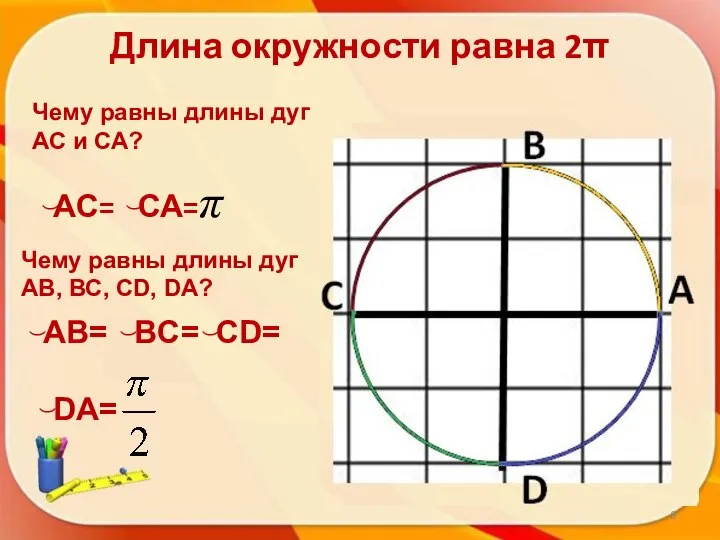 Длина окружности равна 2π ͜ АС= ͜ СА=π Чему равны длины