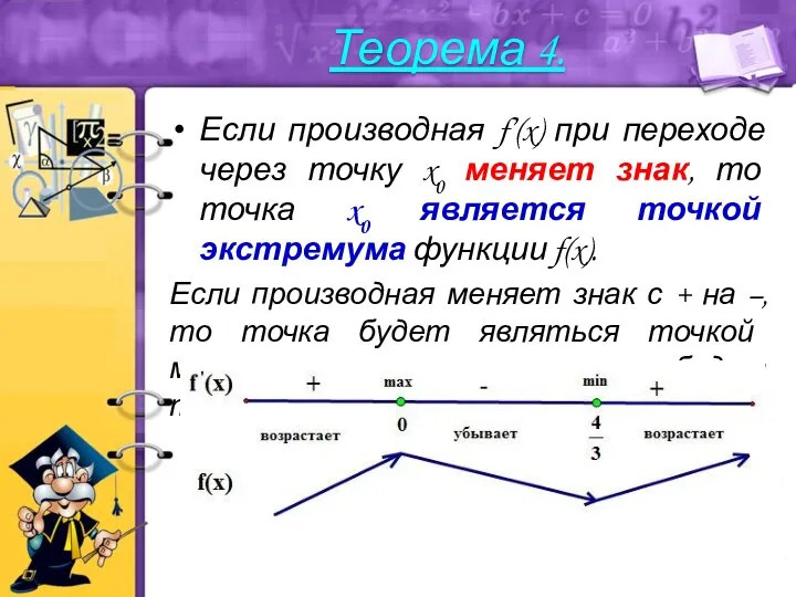 Если производная f’(x) при переходе через точку x0 меняет знак, то