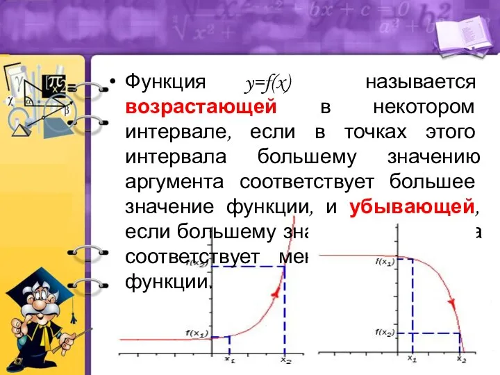 Функция y=f(x) называется возрастающей в некотором интервале, если в точках этого