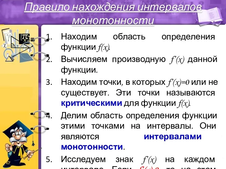 Находим область определения функции f(x). Вычисляем производную f’(x) данной функции. Находим