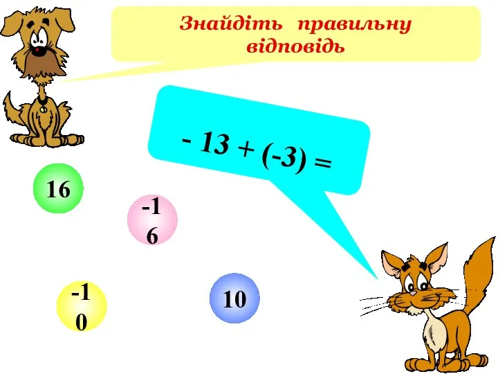 Знайдіть правильну відповідь - 13 + (-3) = 10 -10 16 -16