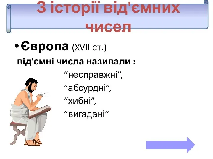 З історії від'ємних чисел Європа (XVІІ ст.) від'ємні числа називали : “несправжні”, “абсурдні”, “хибні”, “вигадані”