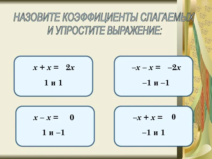 НАЗОВИТЕ КОЭФФИЦИЕНТЫ СЛАГАЕМЫХ И УПРОСТИТЕ ВЫРАЖЕНИЕ: х + х = 1