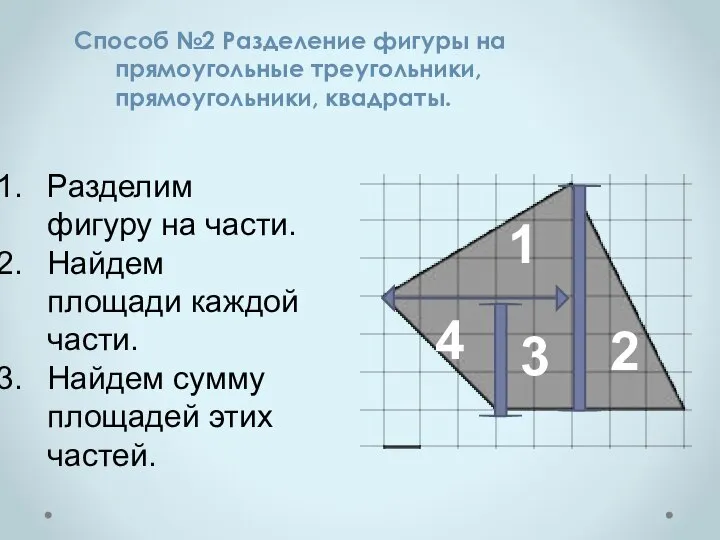 Способ №2 Разделение фигуры на прямоугольные треугольники, прямоугольники, квадраты. Разделим фигуру