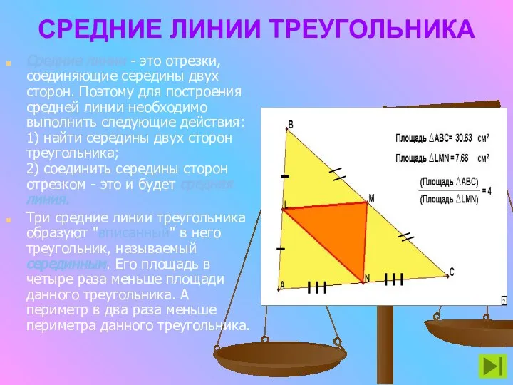 СРЕДНИЕ ЛИНИИ ТРЕУГОЛЬНИКА Средние линии - это отрезки, соединяющие середины двух