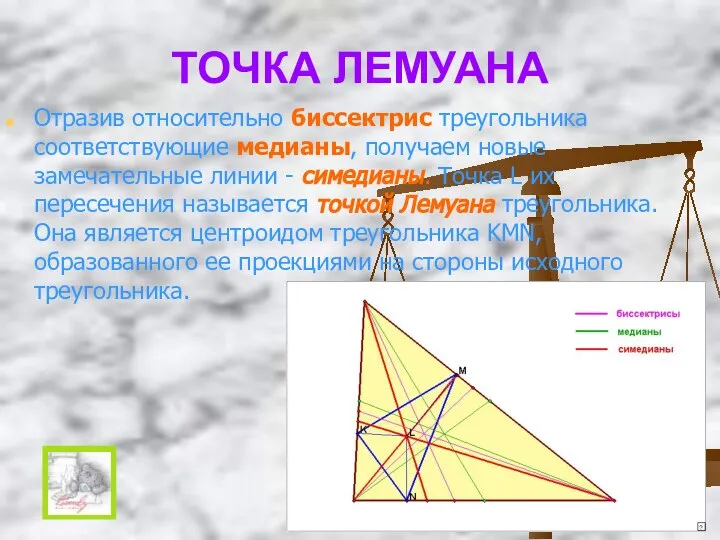 ТОЧКА ЛЕМУАНА Отразив относительно биссектрис треугольника соответствующие медианы, получаем новые замечательные