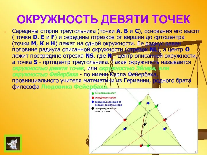ОКРУЖНОСТЬ ДЕВЯТИ ТОЧЕК Середины сторон треугольника (точки A, B и С),