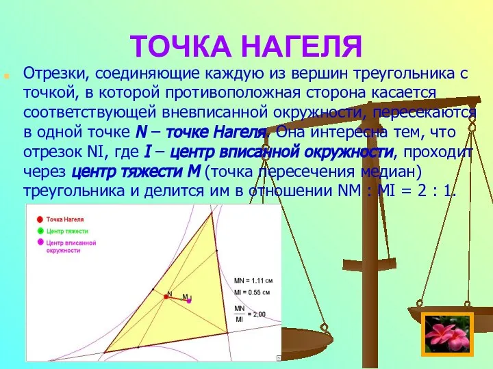 ТОЧКА НАГЕЛЯ Отрезки, соединяющие каждую из вершин треугольника с точкой, в