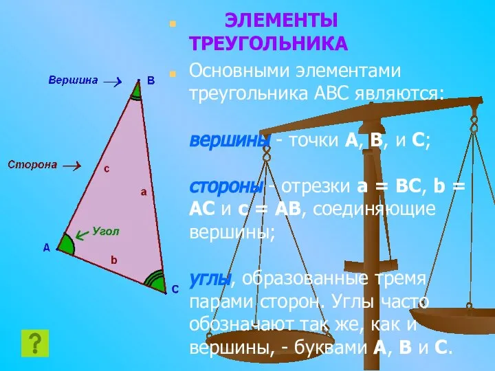 ЭЛЕМЕНТЫ ТРЕУГОЛЬНИКА Основными элементами треугольника ABC являются: вершины - точки A,