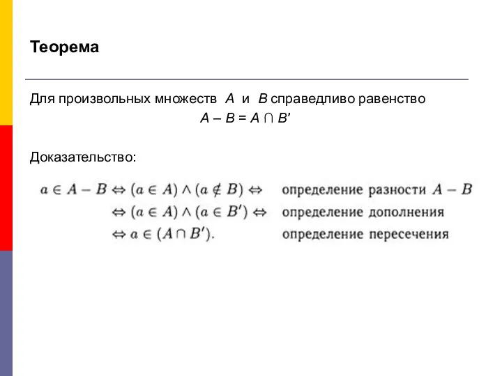 Теорема Для произвольных множеств А и В справедливо равенство А –