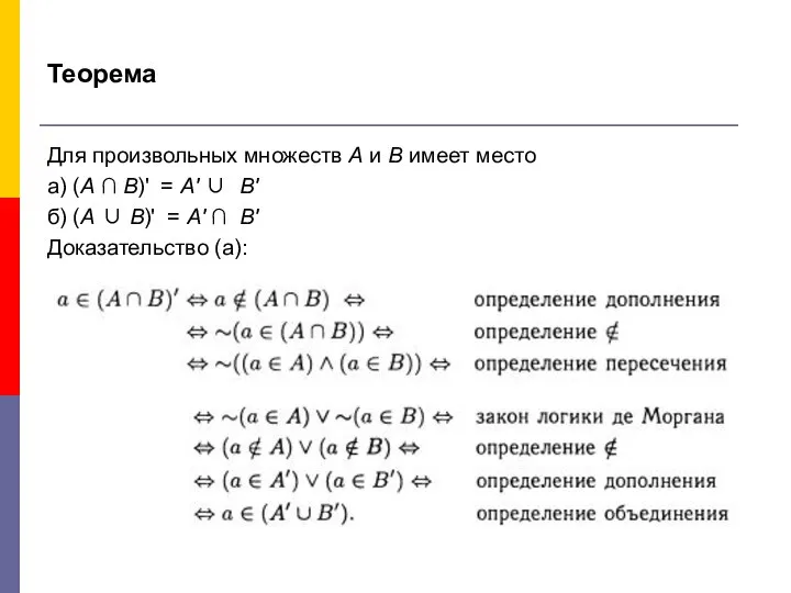 Теорема Для произвольных множеств А и В имеет место а) (А