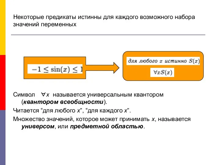 Некоторые предикаты истинны для каждого возможного набора значений переменных Символ ∀х