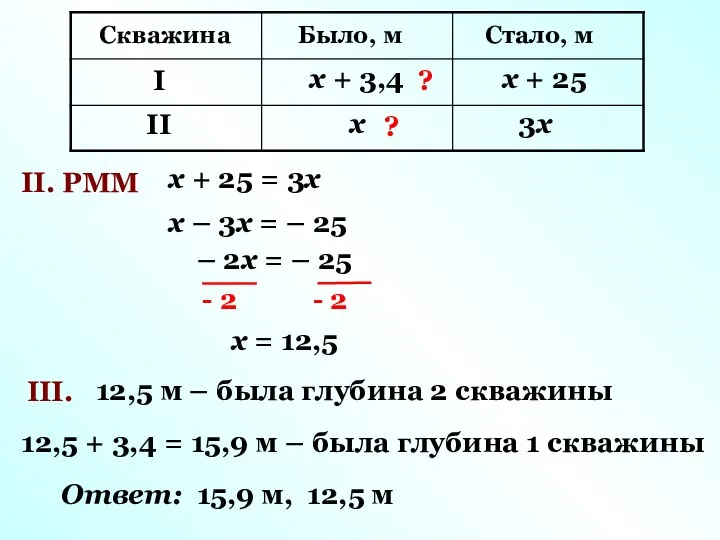 II. РММ х + 25 = 3х х – 3х =