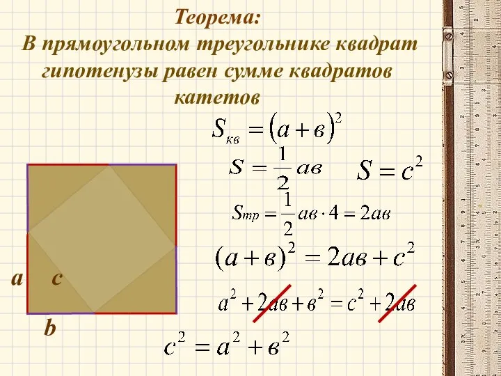 Теорема: В прямоугольном треугольнике квадрат гипотенузы равен сумме квадратов катетов a b c