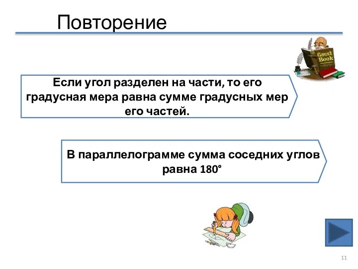 Повторение Если угол разделен на части, то его градусная мера равна