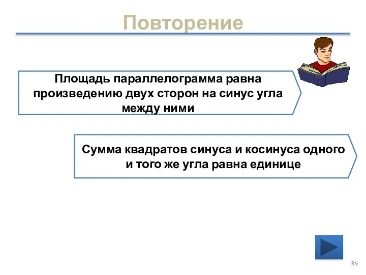 Повторение Площадь параллелограмма равна произведению двух сторон на синус угла между