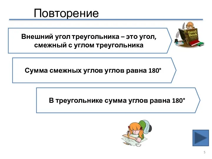 Повторение Внешний угол треугольника – это угол, смежный с углом треугольника