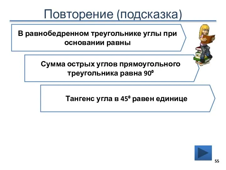 Повторение (подсказка) В равнобедренном треугольнике углы при основании равны Сумма острых