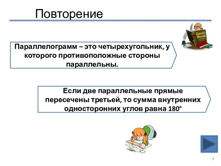 Повторение Параллелограмм – это четырехугольник, у которого противоположные стороны параллельны. Если