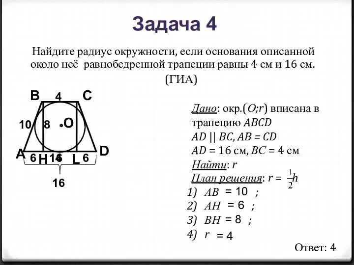 Найдите радиус окружности, если основания описанной около неё равнобедренной трапеции равны