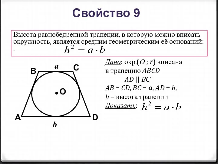 B A D С Высота равнобедренной трапеции, в которую можно вписать