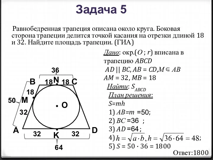 Равнобедренная трапеция описана около круга. Боковая сторона трапеции делится точкой касания