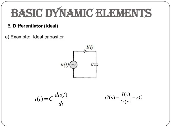 Basic dynamic elements 6. Differentiator (ideal) e) Example: Ideal capasitor