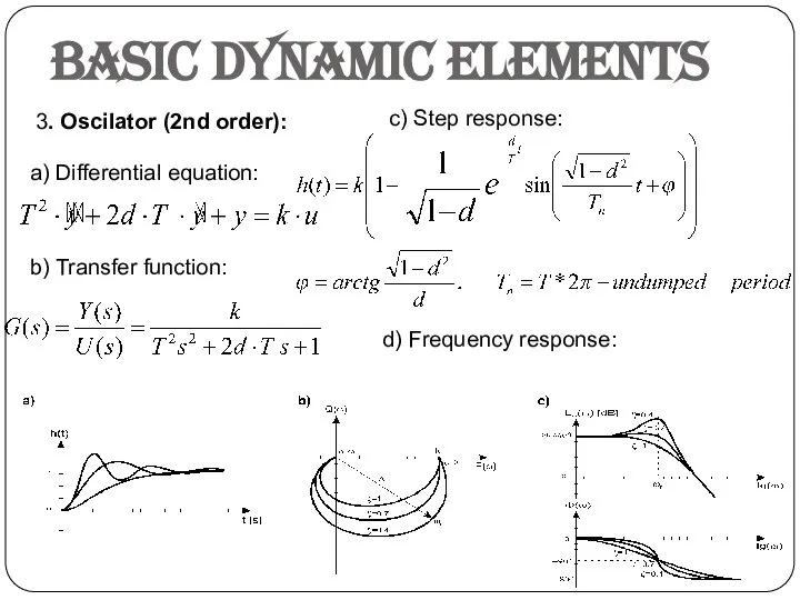 Basic dynamic elements 3. Oscilator (2nd order): a) Differential equation: b)