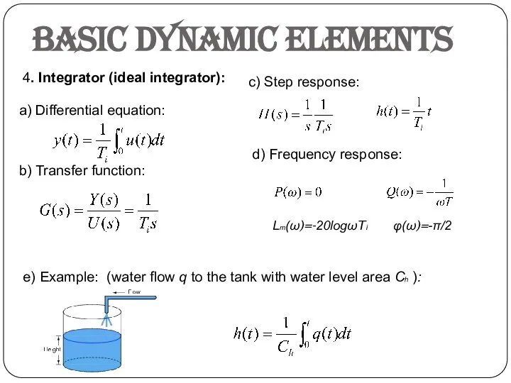 Basic dynamic elements 4. Integrator (ideal integrator): a) Differential equation: b)