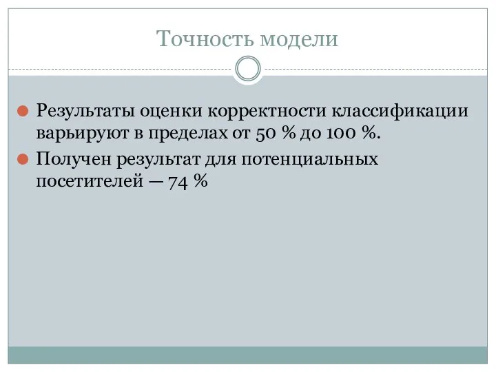 Точность модели Результаты оценки корректности классификации варьируют в пределах от 50