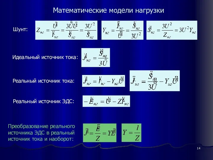 Математические модели нагрузки Шунт: Идеальный источник тока: Реальный источник тока: Реальный