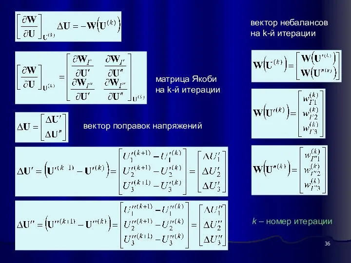 матрица Якоби на k-й итерации вектор поправок напряжений вектор небалансов на